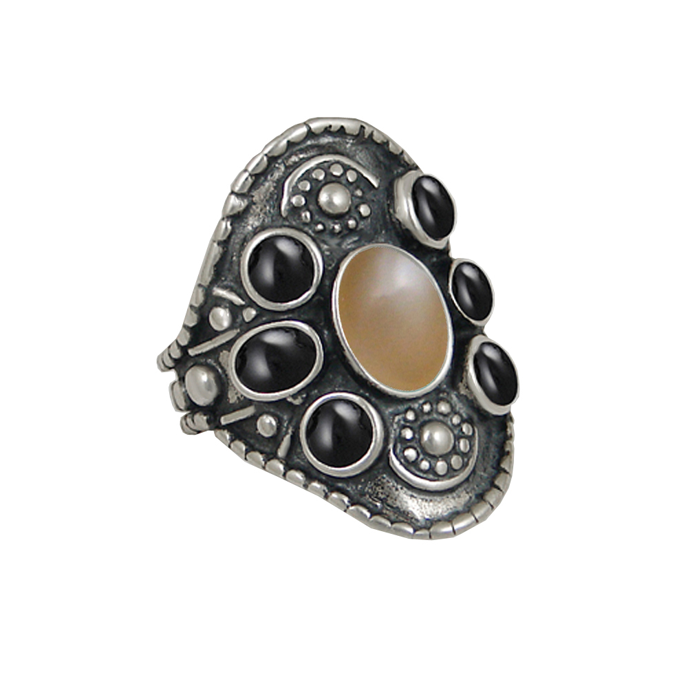 Sterling Silver High Queen's Ring With Peach And Black Onyx Size 10